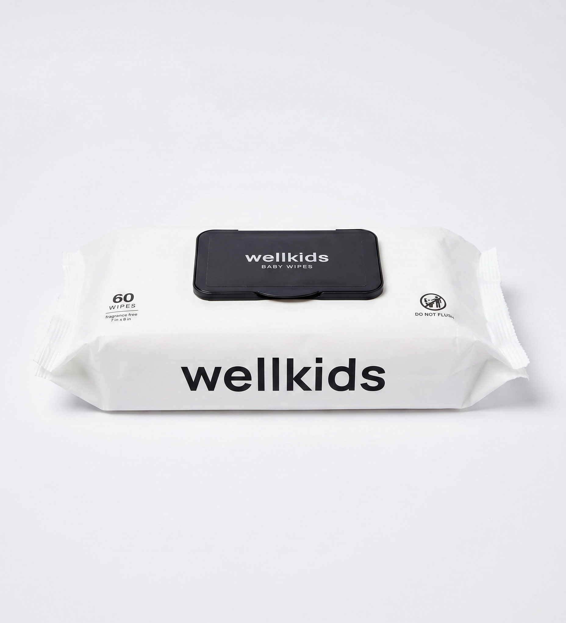 A pack of Wellkids baby wipes in a white resealable package with a black flip-top lid and black printed branding, photographed on a clean white background.
