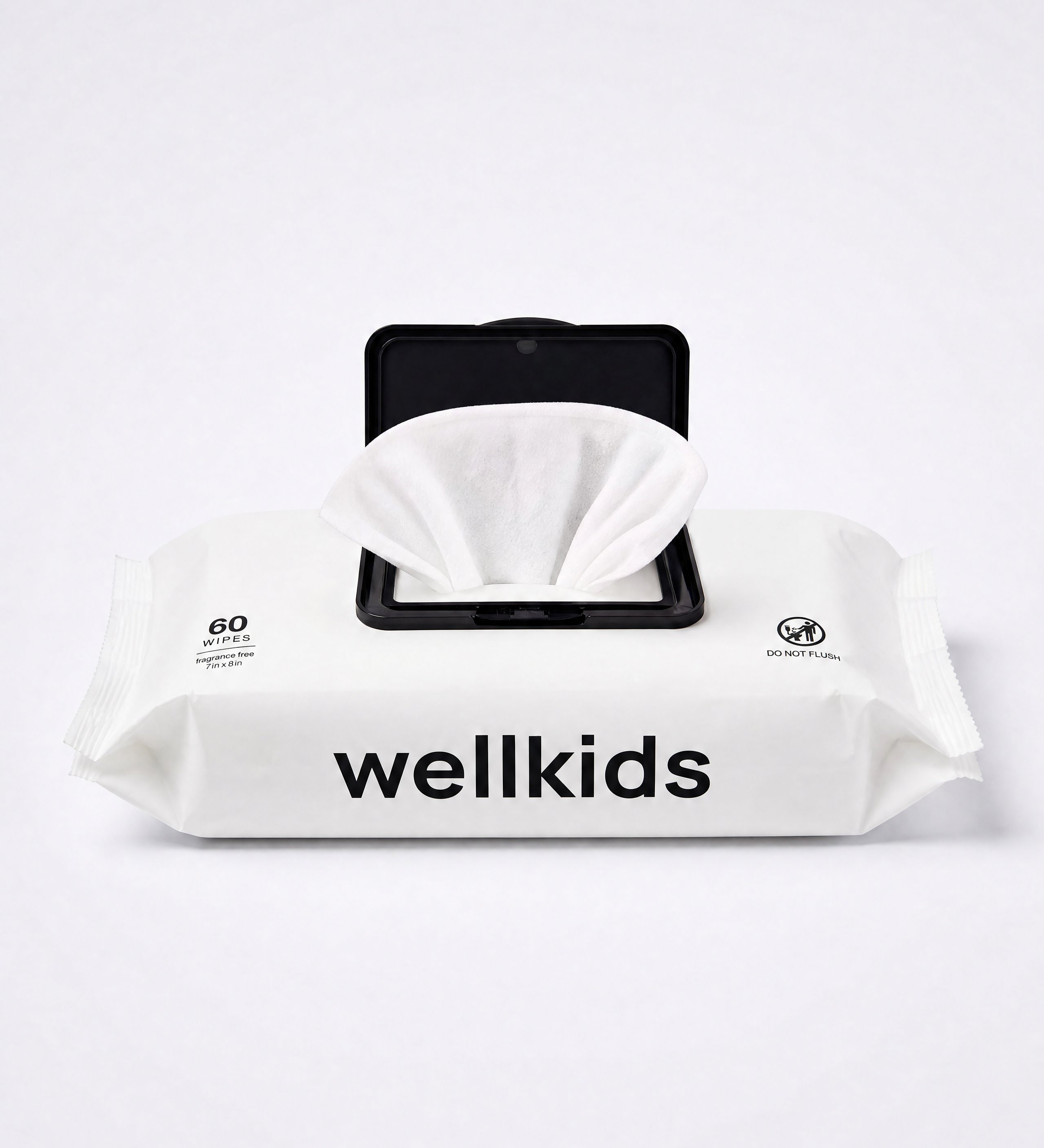 A pack of Wellkids baby wipes with the lid open, showing a white tissue inside. The packaging is white with black text and a black flip-top mechanism, set against a clean white background.