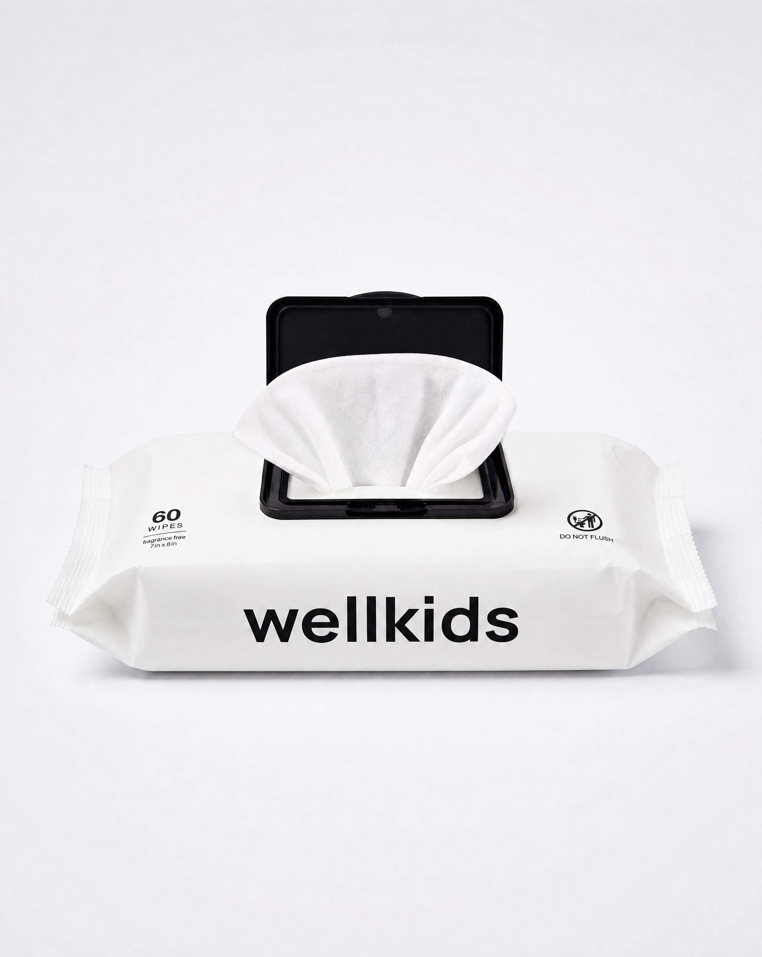 A pack of Wellkids baby wipes with the lid open, showing a white tissue inside. The packaging is white with black text and a black flip-top mechanism, set against a clean white background.